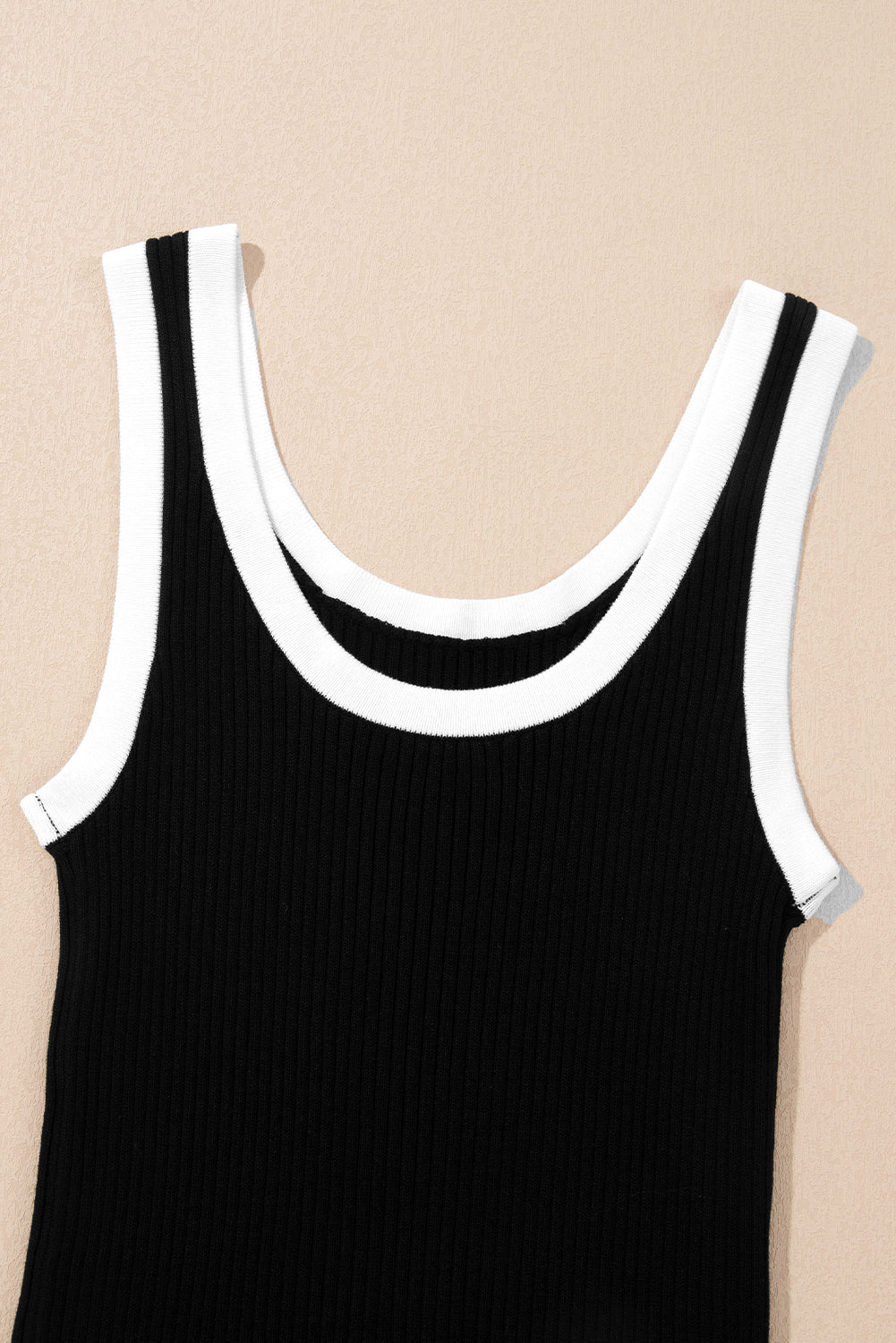 Black Colorblock Edge Ribbed Knit U Neck Tank Top - Ballimart