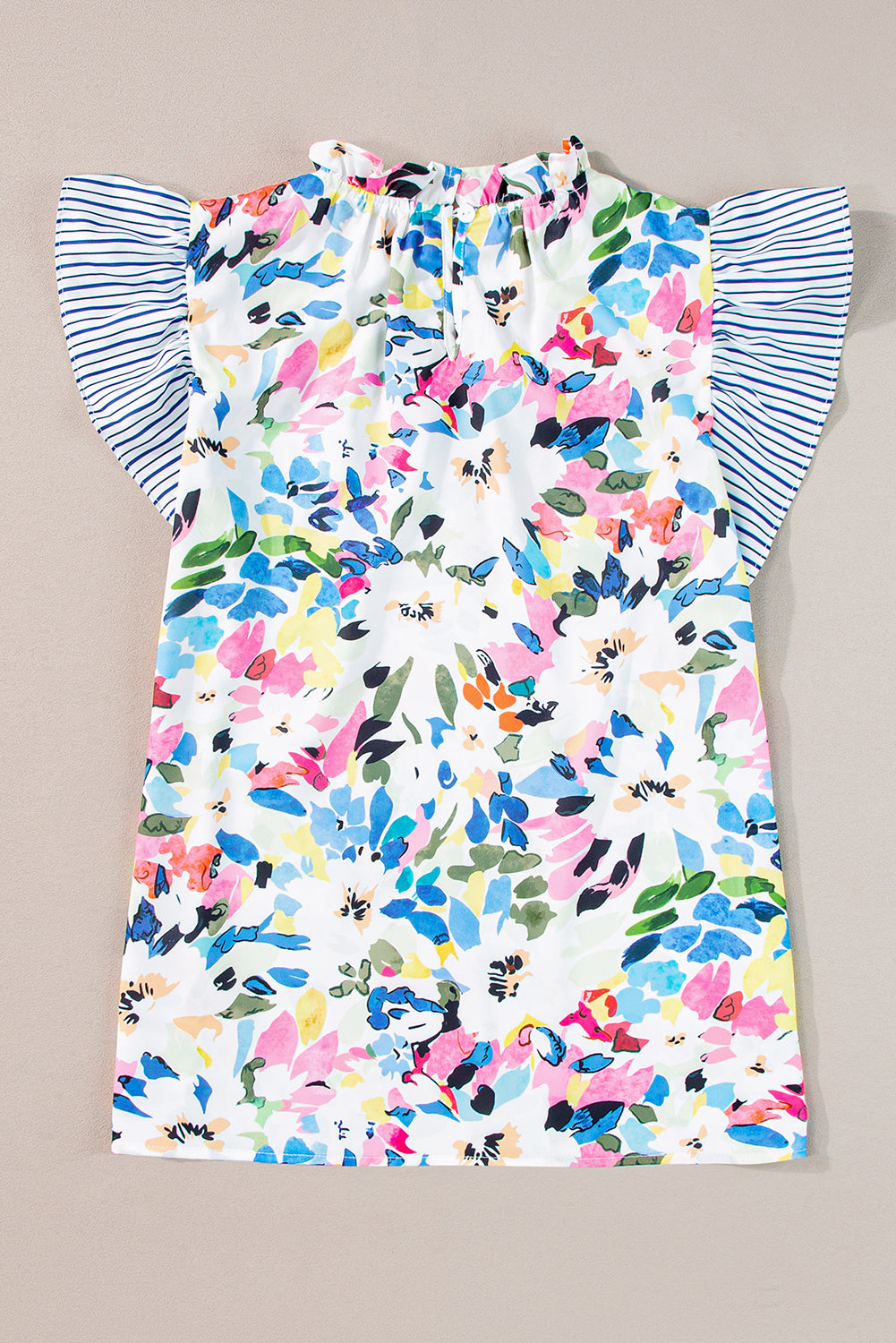 Light Blue Floral Print Striped Ruffled Sleeve Blouse - Ballimart