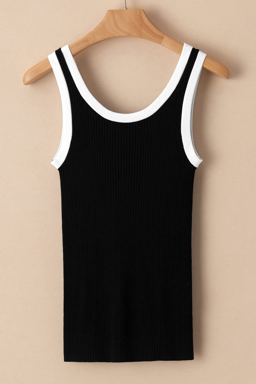 Black Colorblock Edge Ribbed Knit U Neck Tank Top - Ballimart