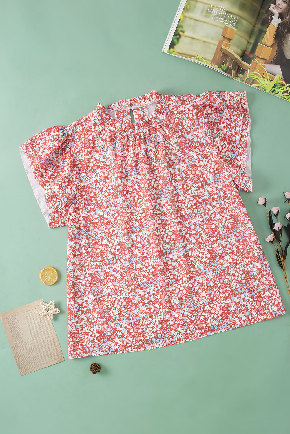 Pink Plus Size Floral Print Ruffled Sleeve Frilled Neck Blouse - Ballimart