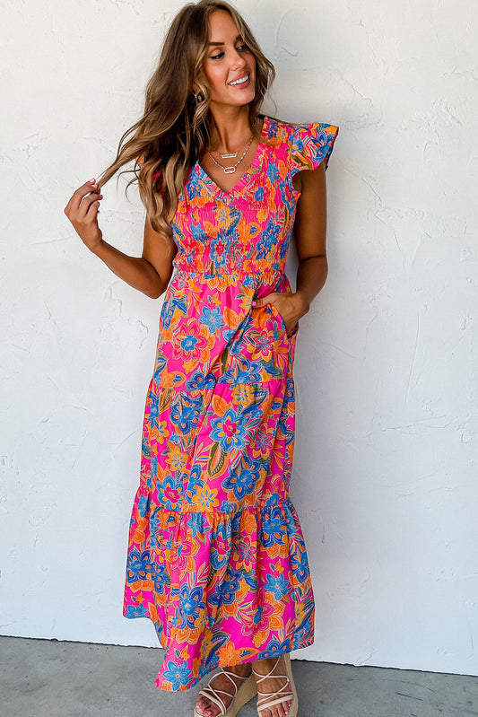 Rose Red Boho Floral V Neck Ruffle Tiered Long Dress - Ballimart