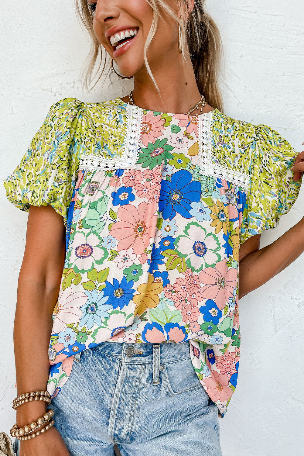 Green Bubble Sleeve Lace Trim Floral Mixed Print Blouse - Ballimart