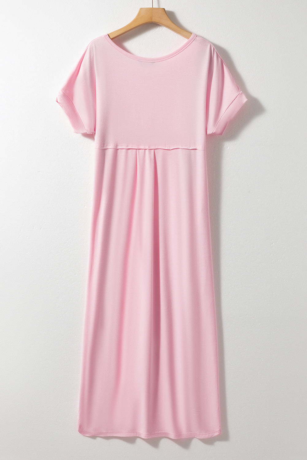 Pink V Neck Hidden Pocket Splits Maxi T-shirt Dress - Ballimart