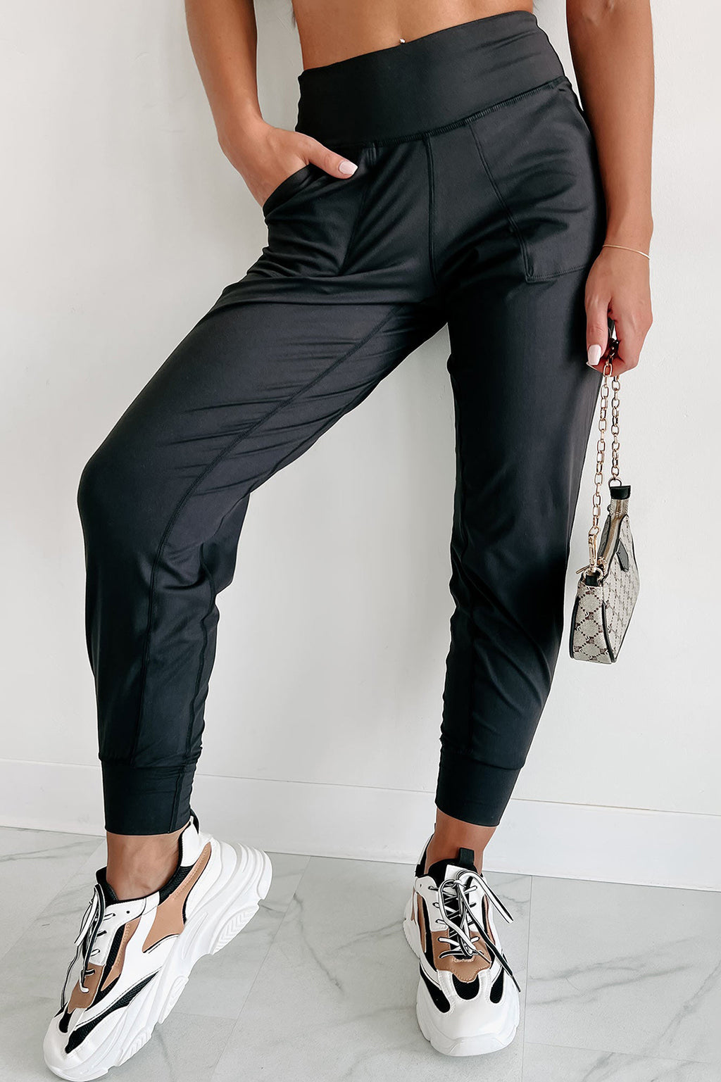 Black Exposed Seam High Waist Pocketed Joggers - Ballimart