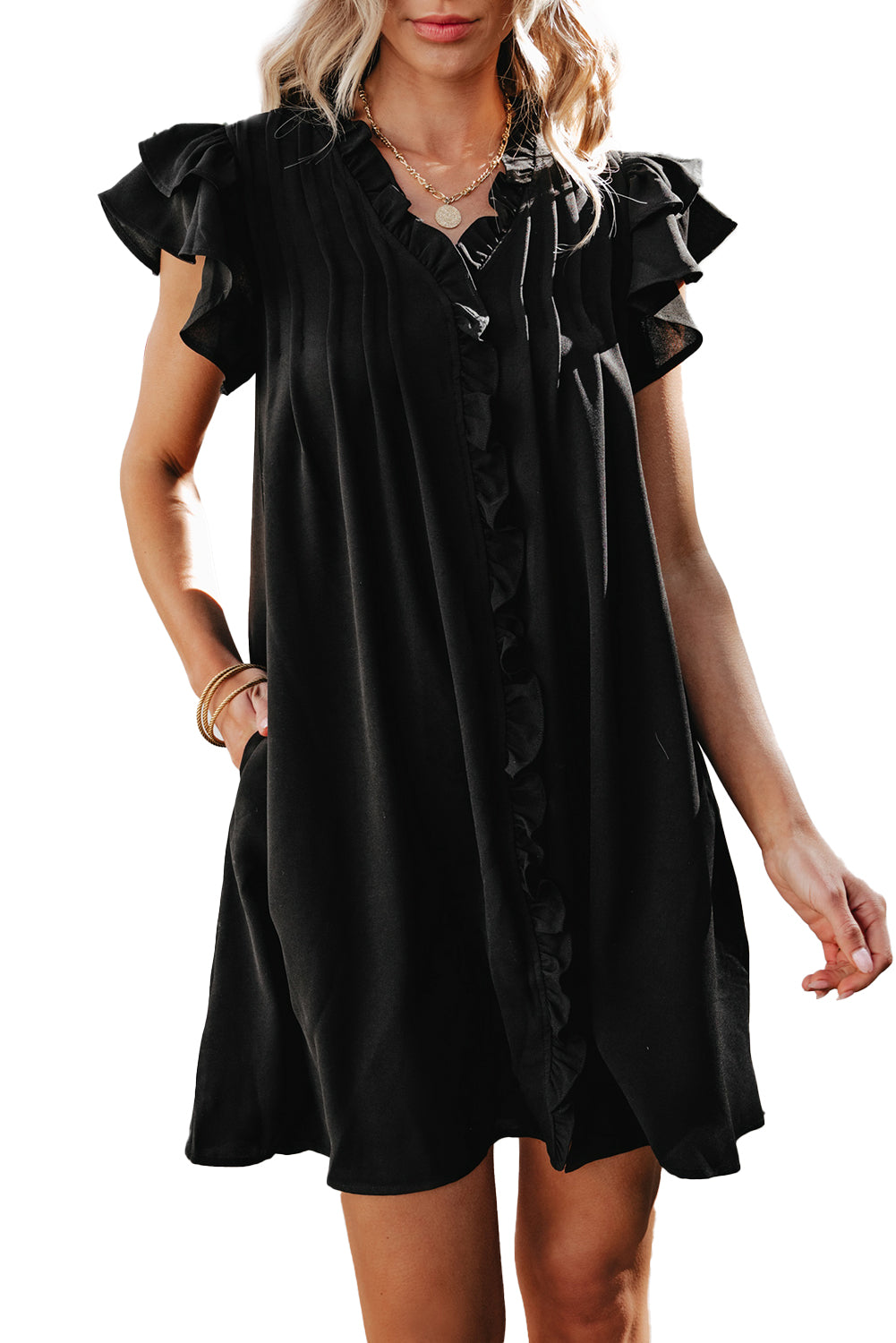 Black Ruffle Sleeve V Neck Frilled Shift Dress - Ballimart