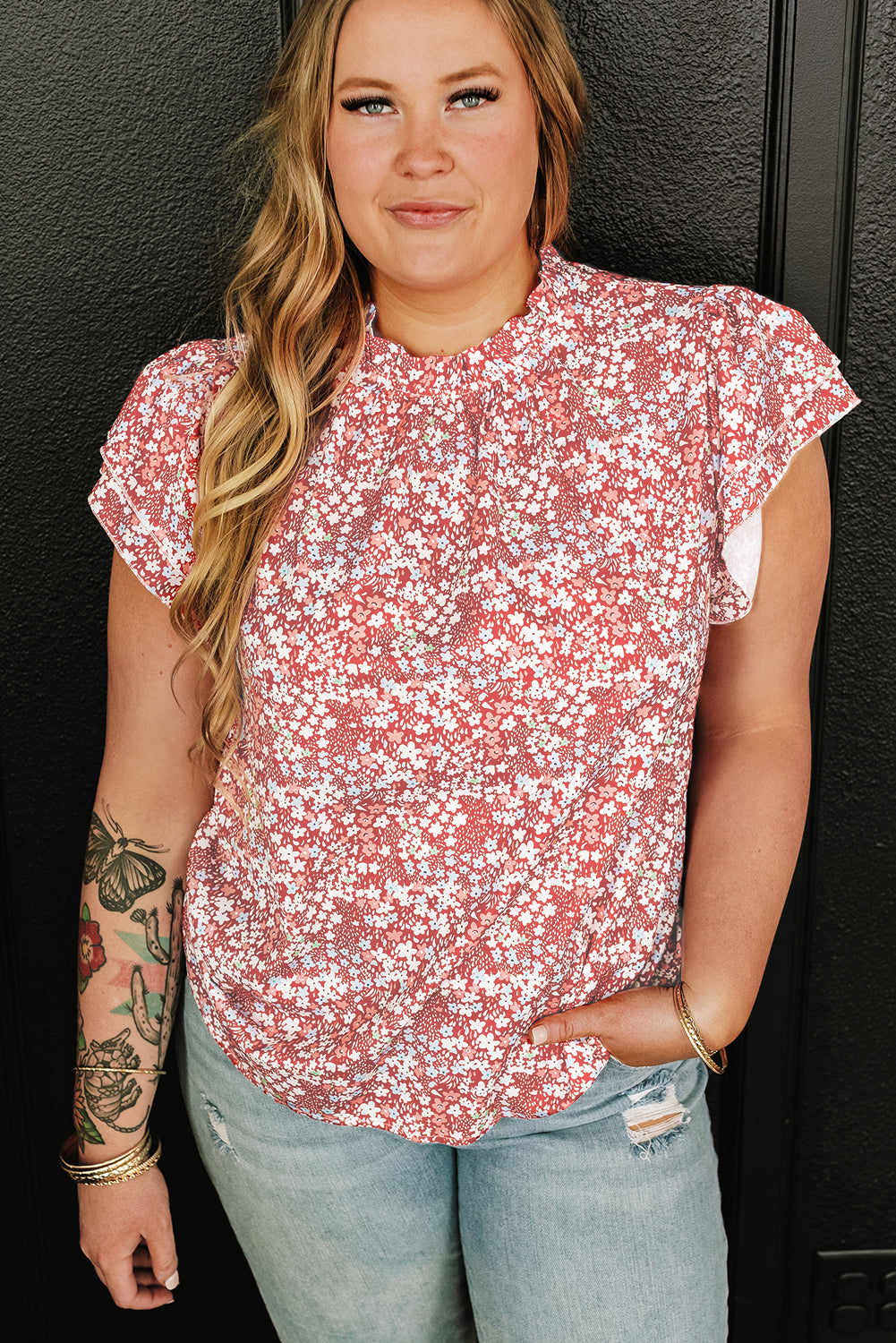 Pink Plus Size Floral Print Ruffled Sleeve Frilled Neck Blouse - Ballimart