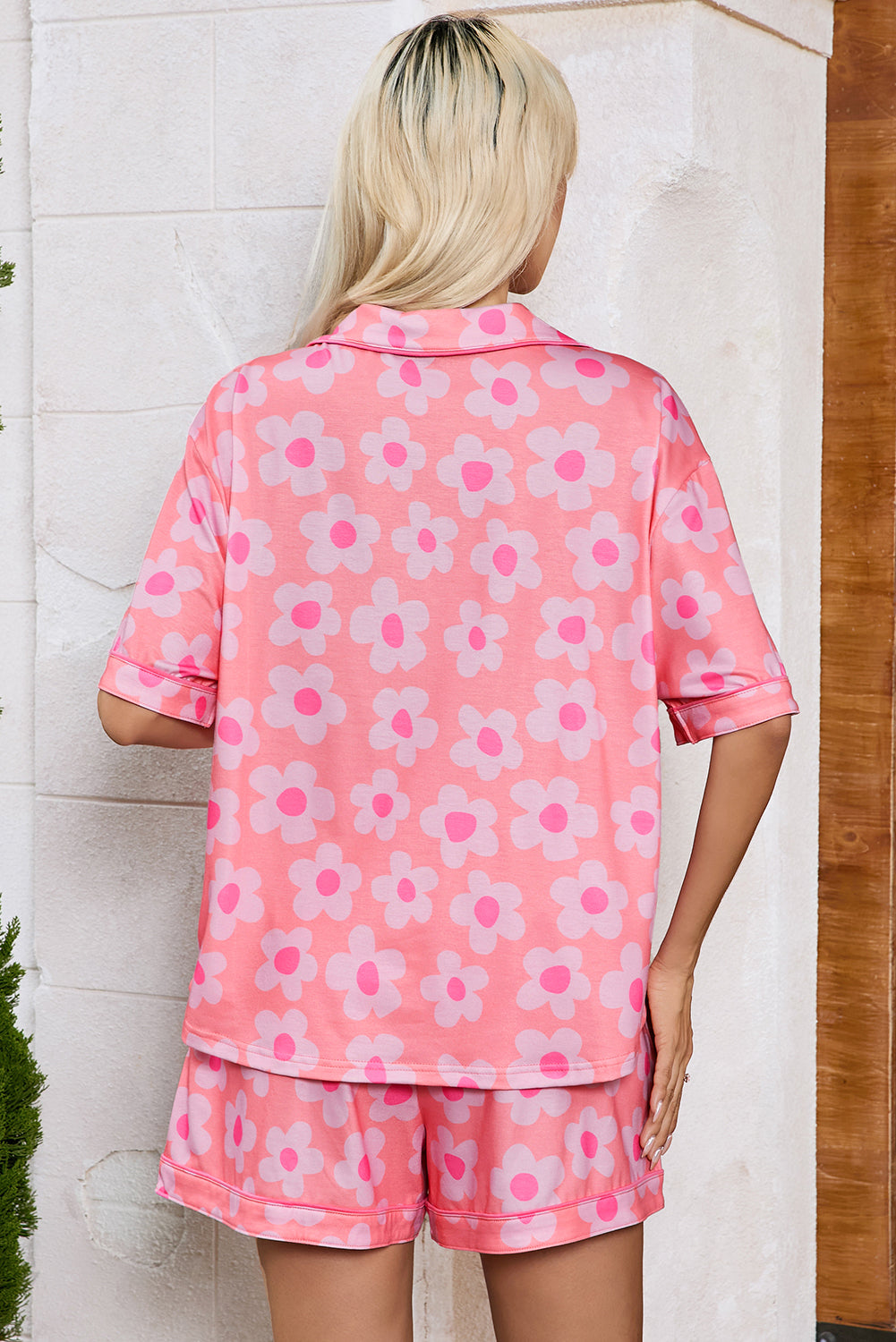 Pink Flower Print Short Sleeve Shirt Pajamas Set - Ballimart