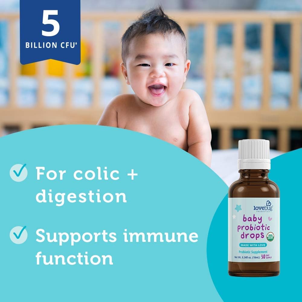 Lovebug Award-Winning USDA Organic Probiotic for Infants & Babies | Multi-Strain 5 Billion CFU Liquid Drops for Colic, Reflux, Diarrhea & Gas Relief | Ages 0-24 Months