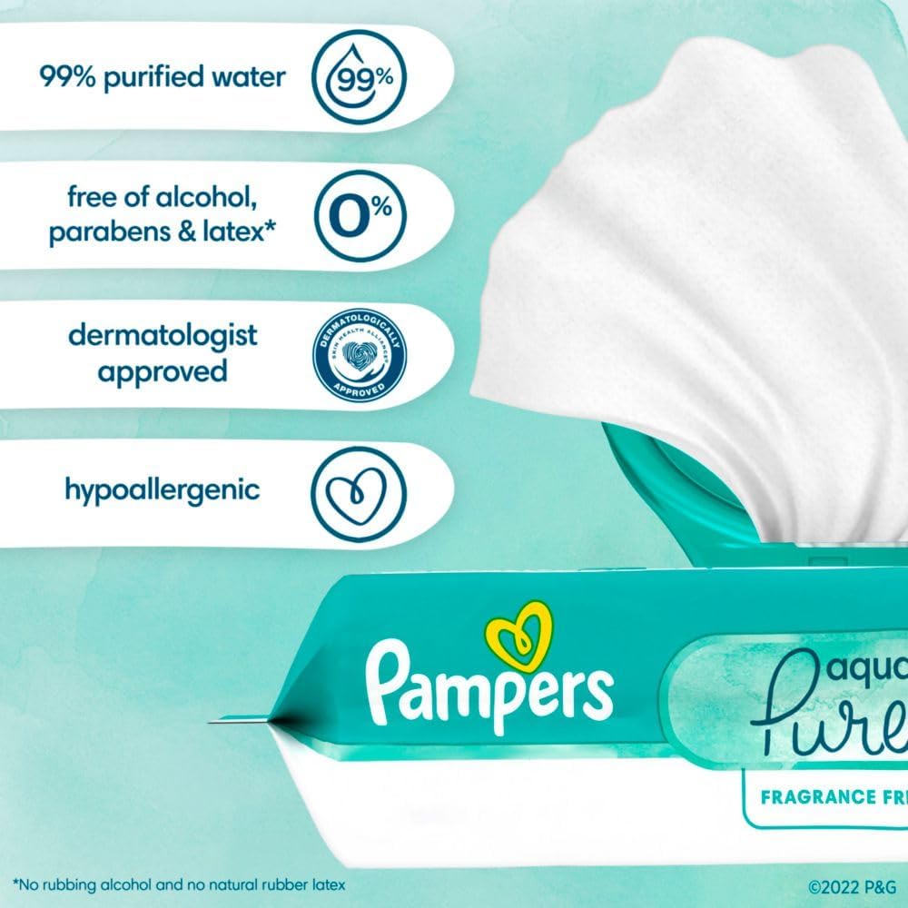 Pampers Aqua Pure Unscented Baby Wipes – Gentle Cleansing with 99% Water, Pop-Top Packet for Easy Use