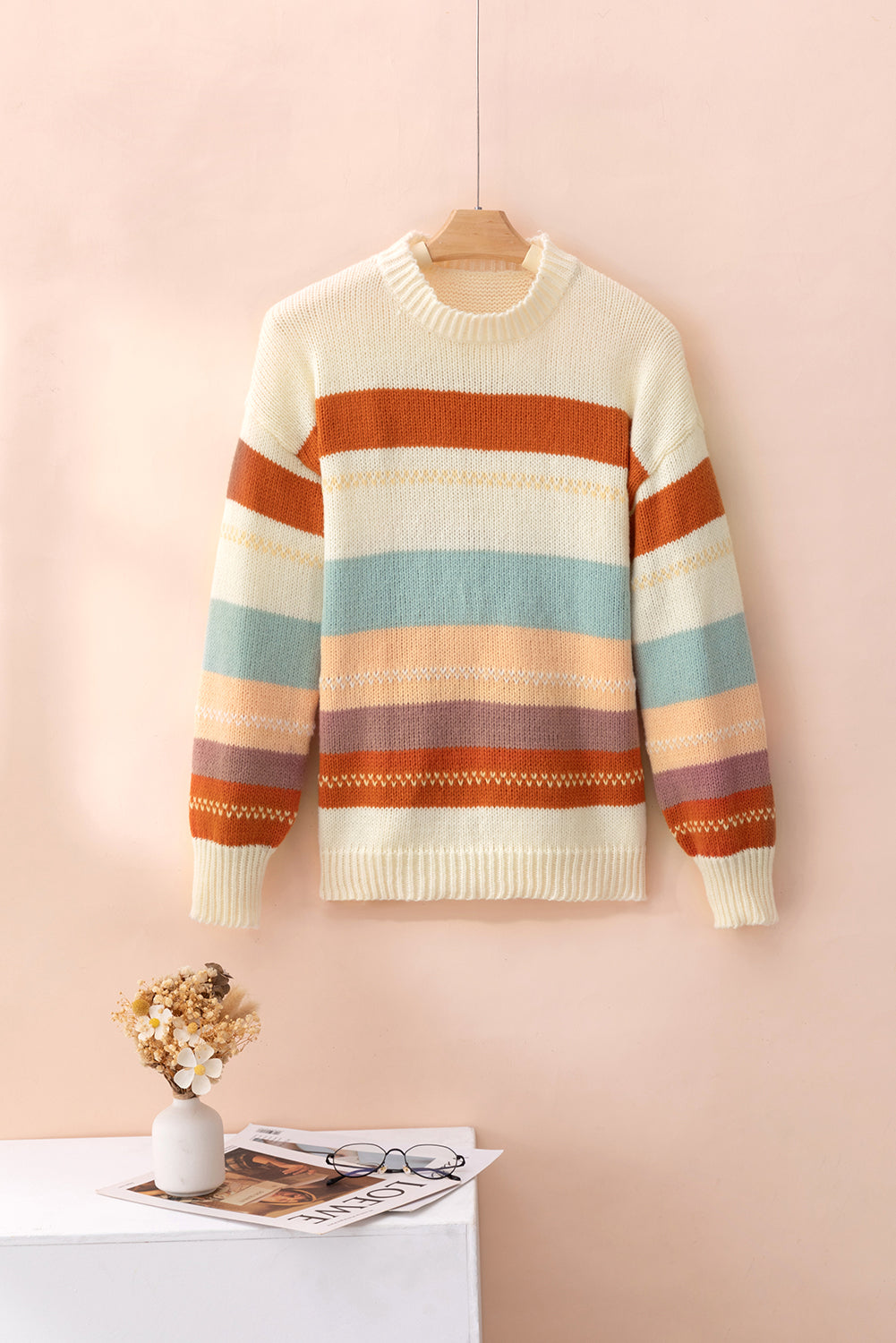 Crew Neck Drop-shoulder Striped Color Block Sweater - Ballimart