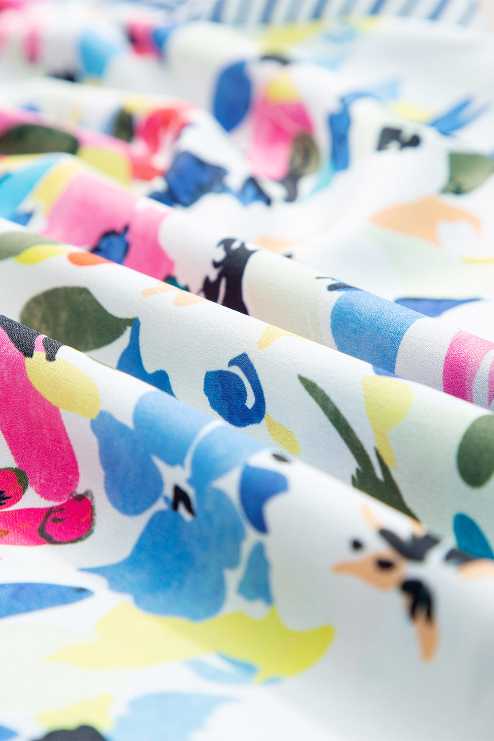 Light Blue Floral Print Striped Ruffled Sleeve Blouse - Ballimart