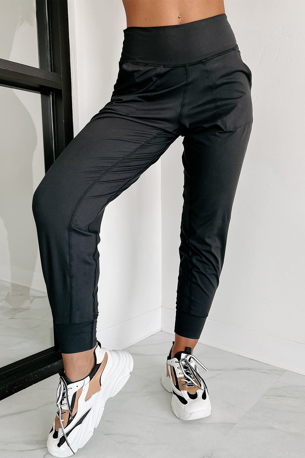 Black Exposed Seam High Waist Pocketed Joggers - Ballimart