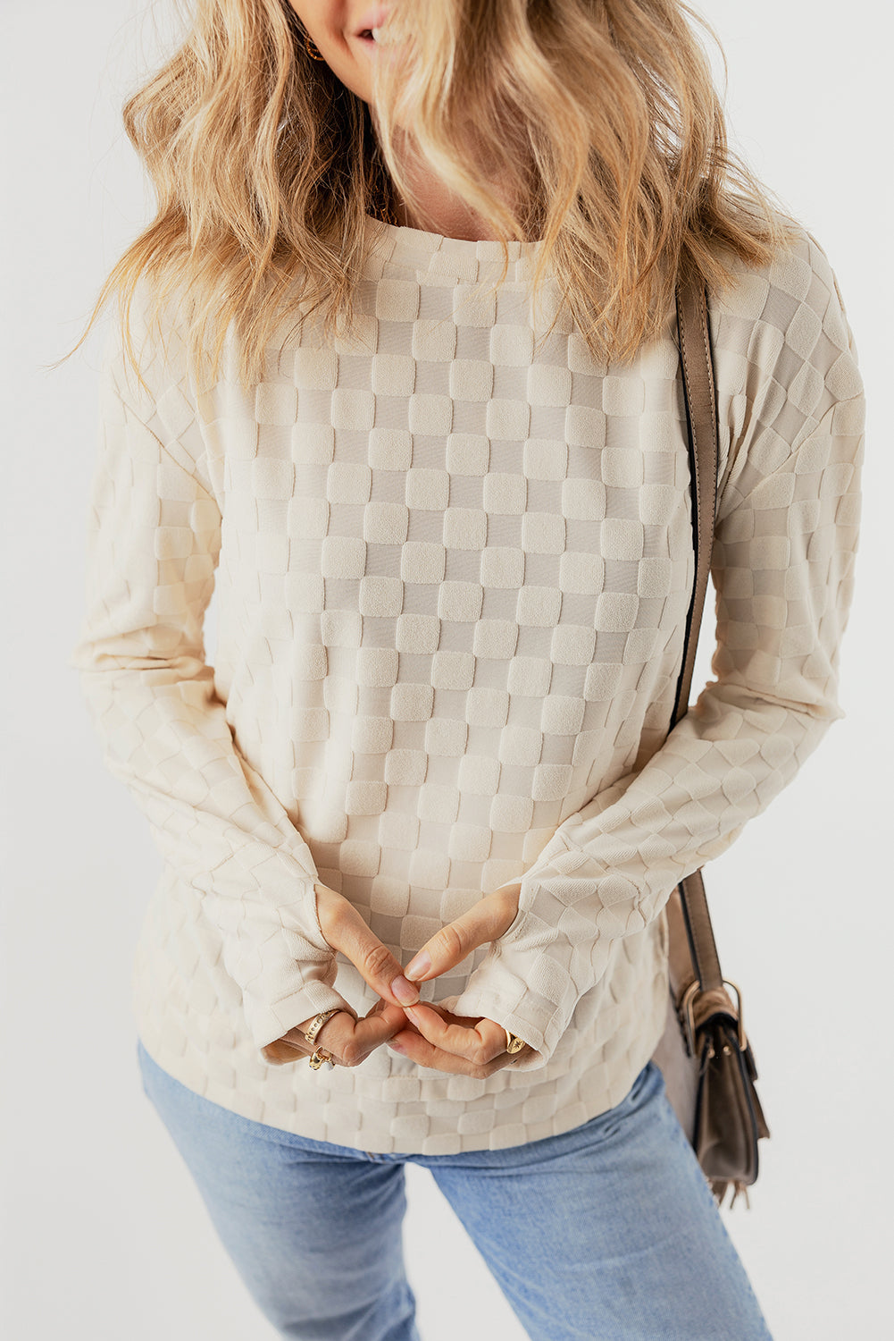 Beige Solid Textured Thumbhole Sleeve Top - Ballimart