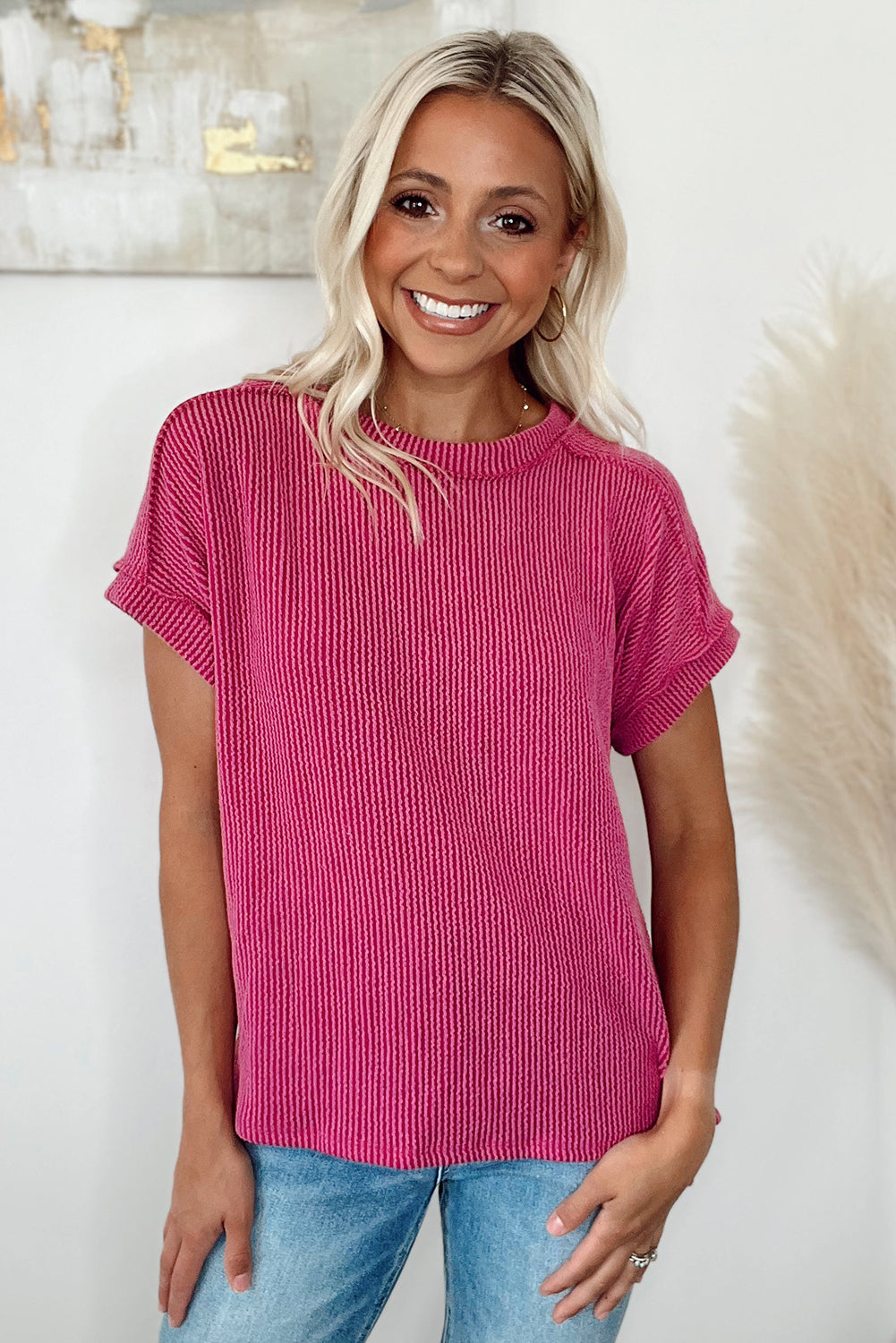 Rose Red Textured Knit Exposed Stitching T-shirt - Ballimart