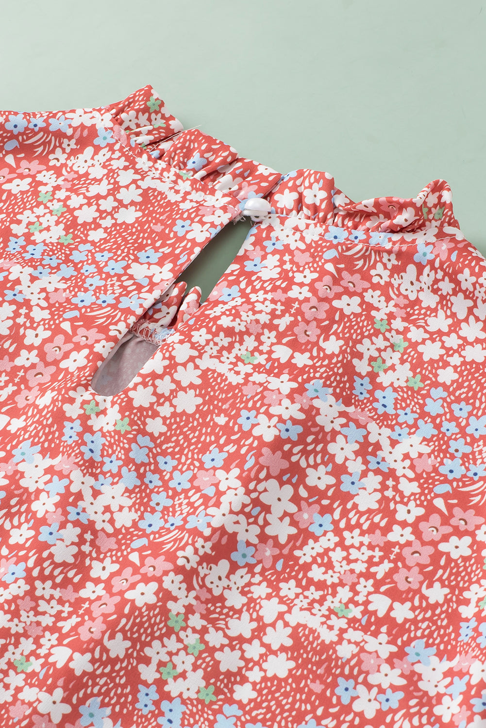 Pink Plus Size Floral Print Ruffled Sleeve Frilled Neck Blouse - Ballimart