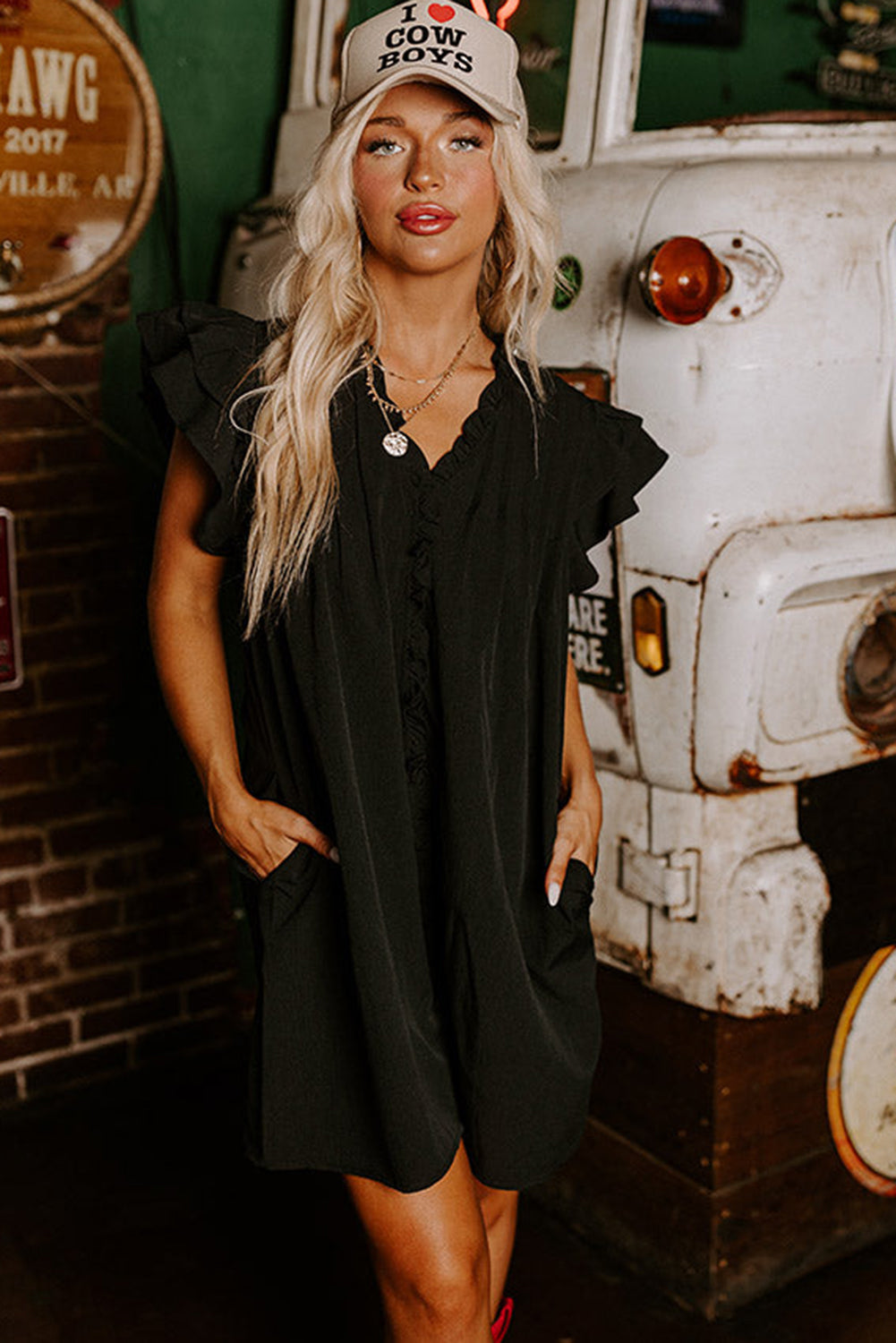 Black Ruffle Sleeve V Neck Frilled Shift Dress - Ballimart