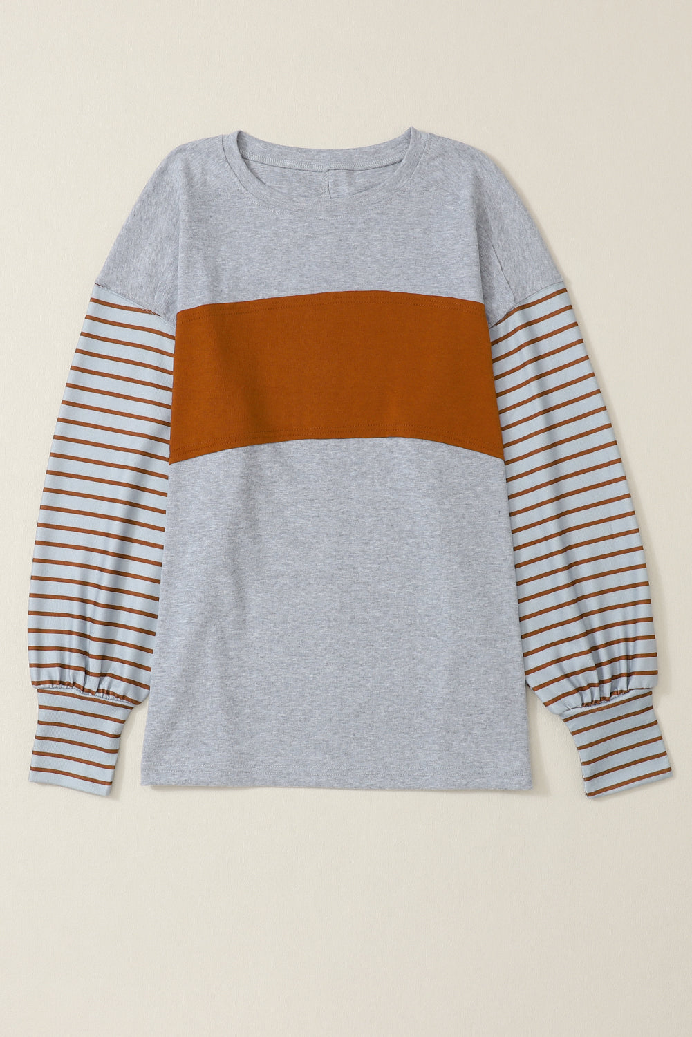 Gray Colorblock Striped Bishop Sleeve Top - Ballimart