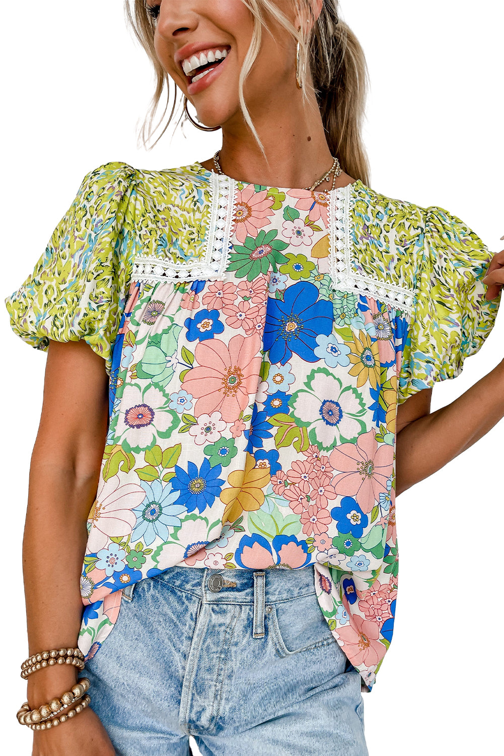 Green Bubble Sleeve Lace Trim Floral Mixed Print Blouse - Ballimart