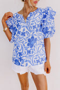 Dark Blue Floral Print Ruffled Bubble Sleeve Blouse - Ballimart