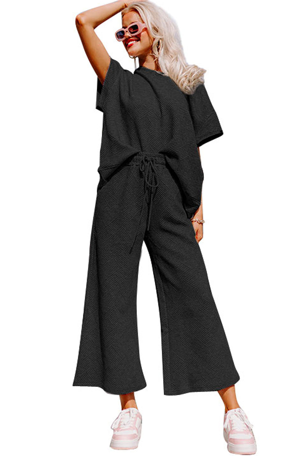 Black Textured Loose Fit T Shirt and Drawstring Pants Set - Ballimart