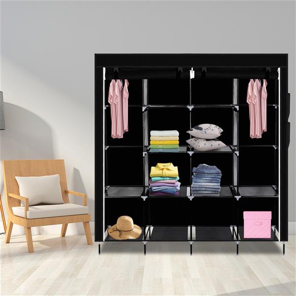 67" Clothes Closet Portable Wardrobe Clothes Storage Rack 12 Shelves 4 Side Pockets Black - Ballimart