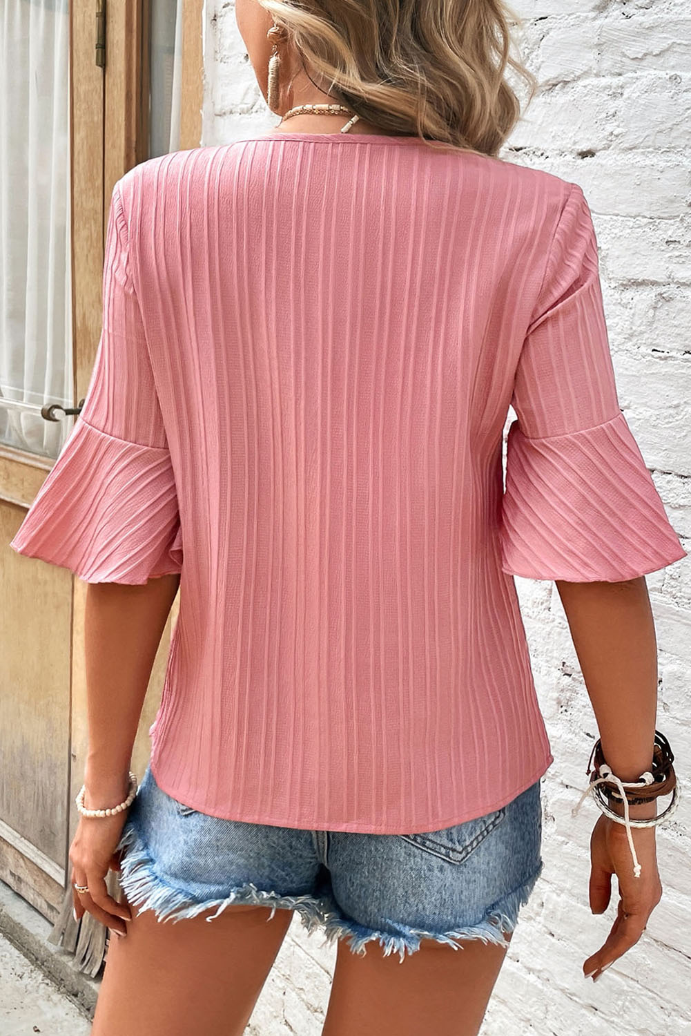 Peach Blossom Ruffled Half Sleeve V Neck Textured Plus Top - Ballimart