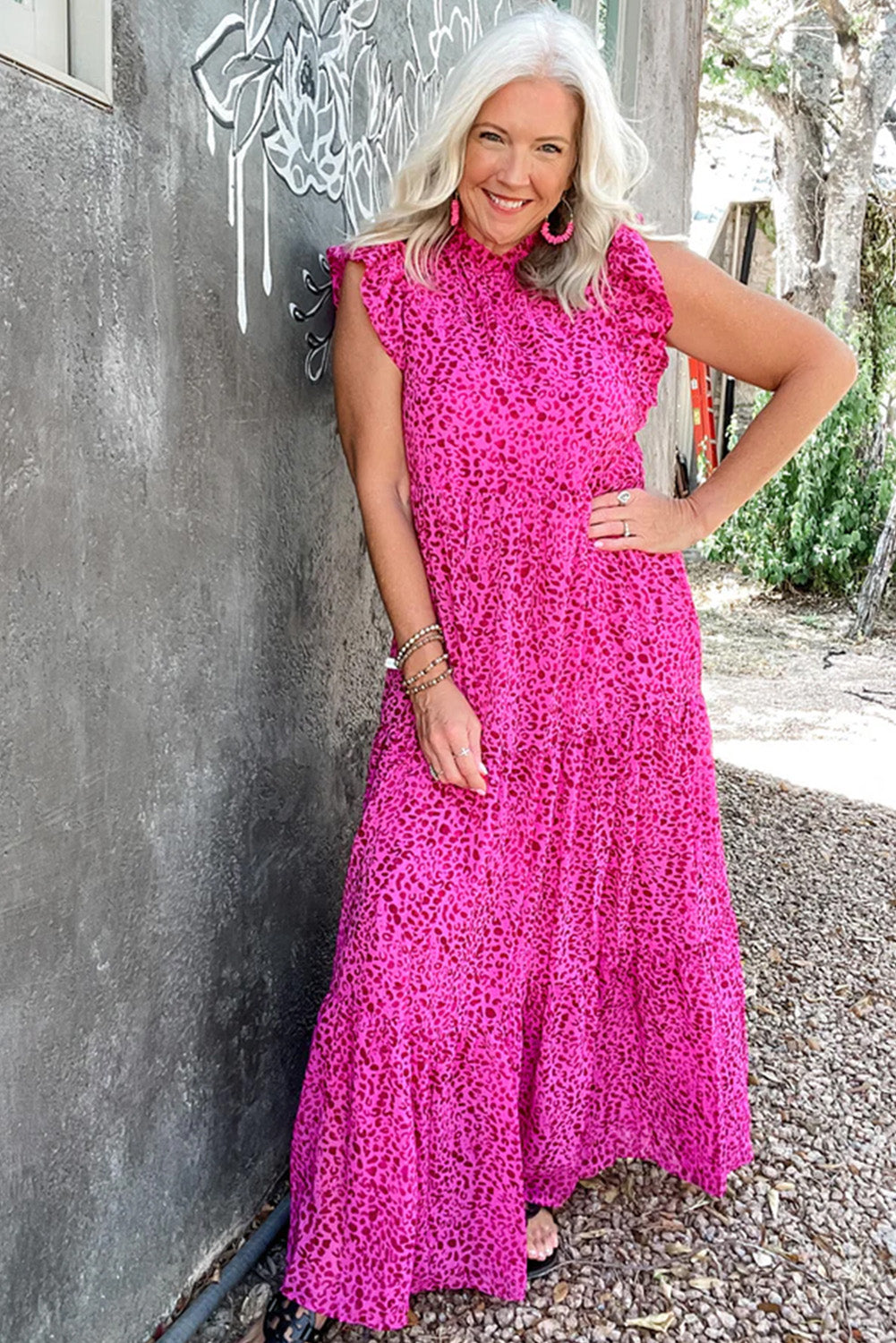 Rose Red Leopard Print Ruffled Trim Tiered Maxi Dress - Ballimart