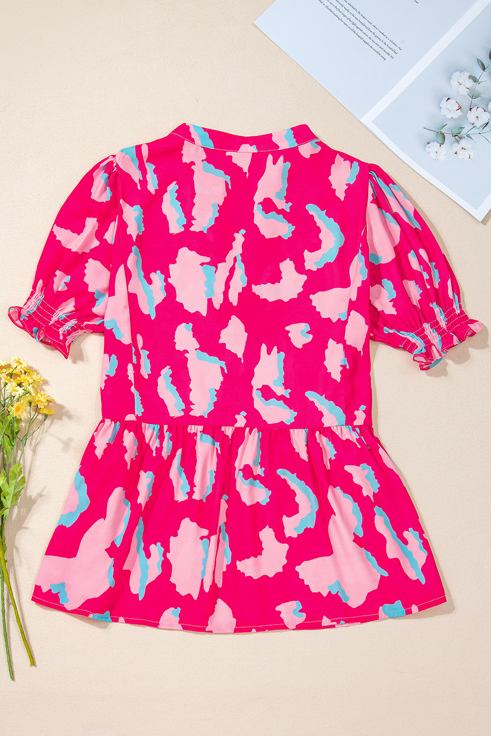 Rose Abstract Print Smocked Puff Sleeve V Neck Blouse - Ballimart