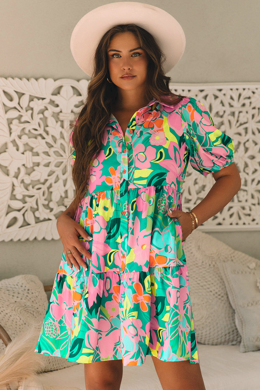 Green Floral Puff Sleeve Collar Buttoned Babydoll Dress - Ballimart