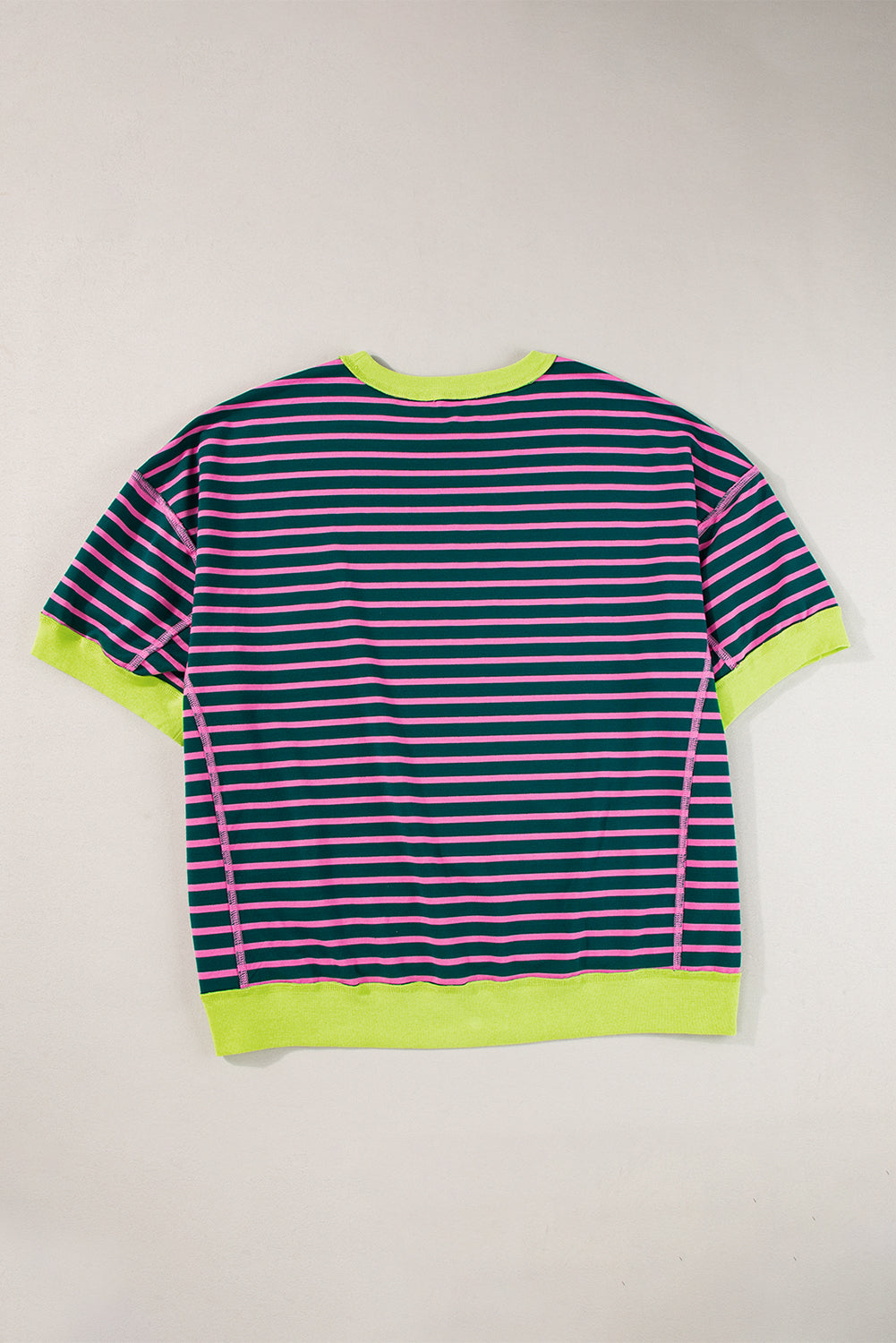 Green Stripe Oversized Contrast Trim Exposed Seam High Low T Shirt - Ballimart
