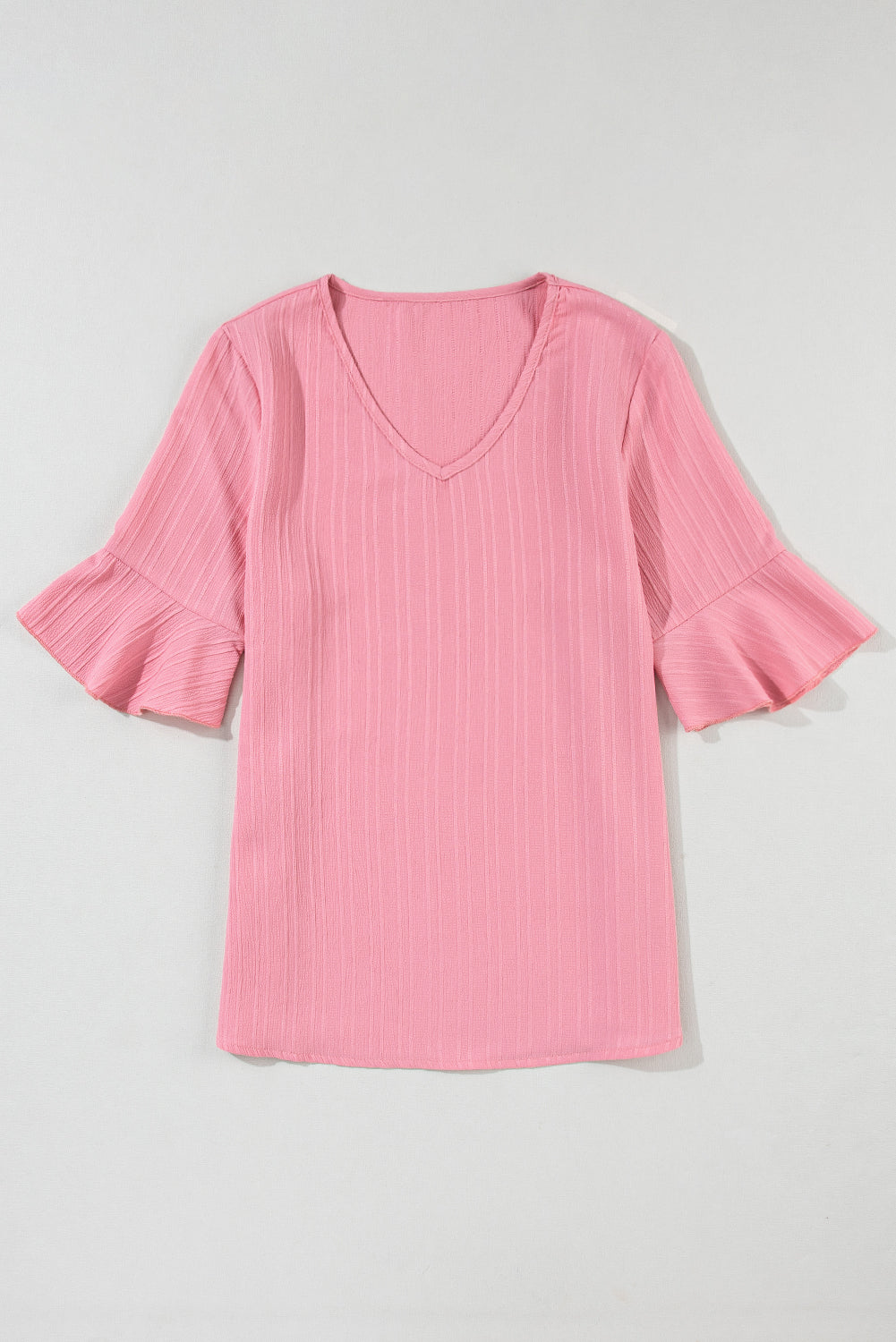 Peach Blossom Ruffled Half Sleeve V Neck Textured Top - Ballimart