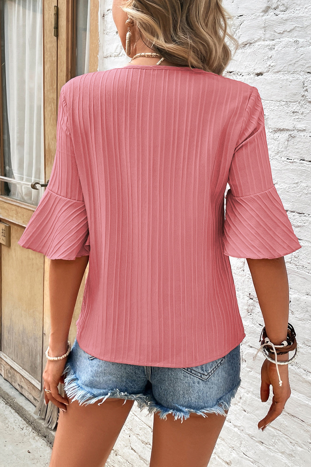 Peach Blossom Ruffled Half Sleeve V Neck Textured Top - Ballimart