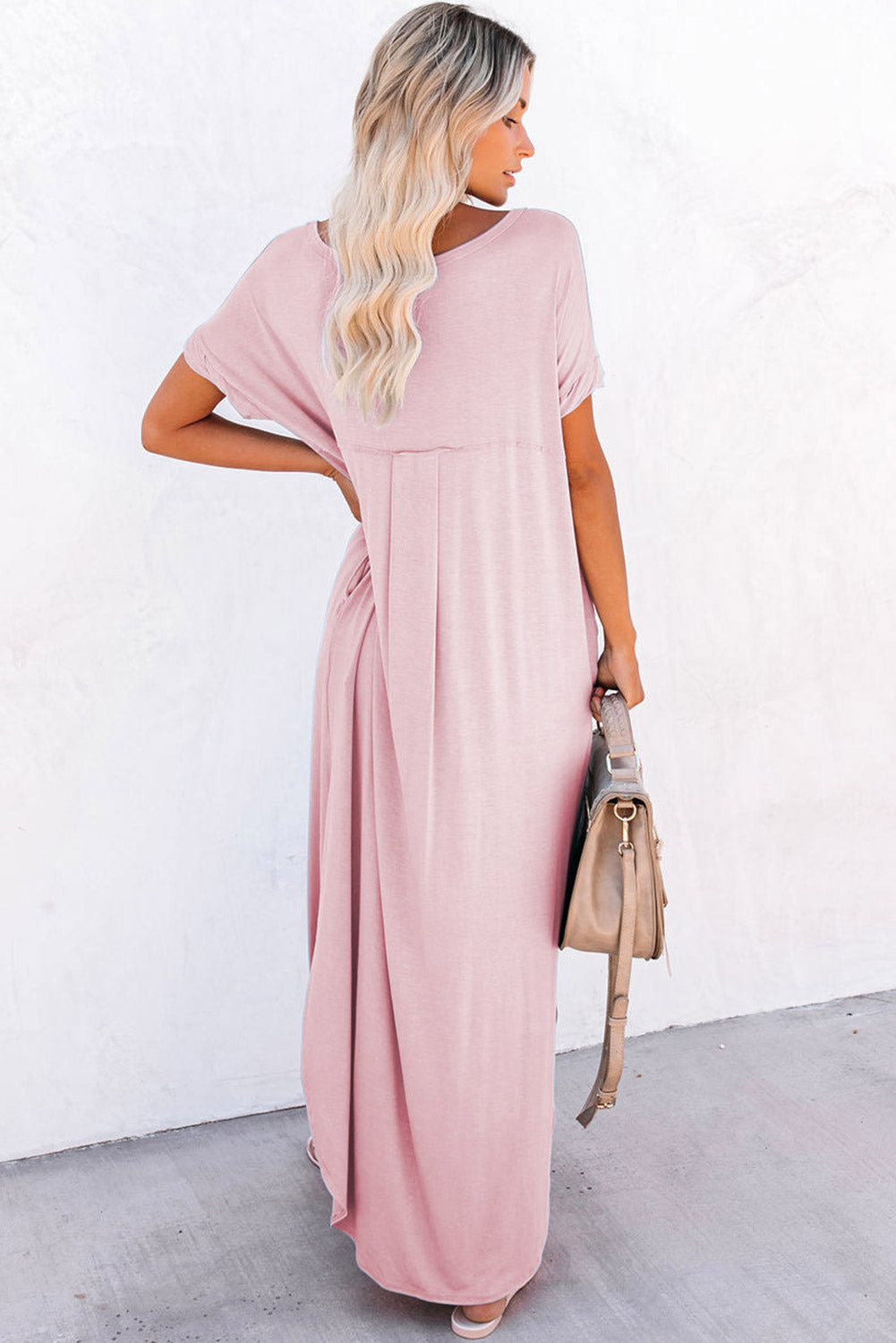 Pink V Neck Hidden Pocket Splits Maxi T-shirt Dress - Ballimart