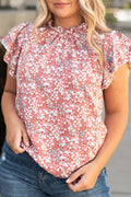 Pink Plus Size Floral Print Ruffled Sleeve Frilled Neck Blouse - Ballimart