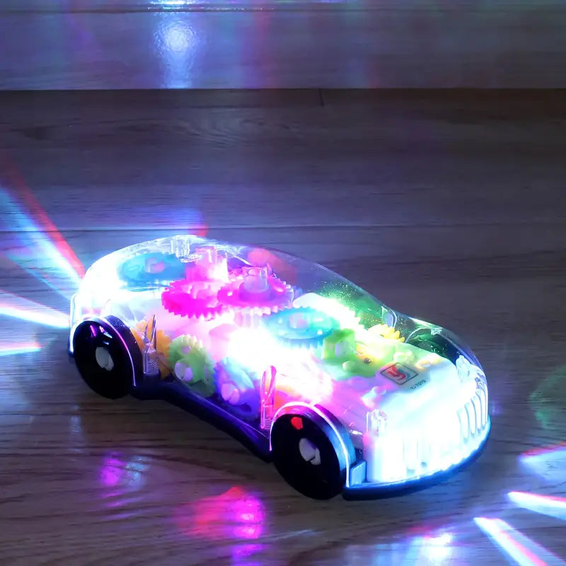 Coche de juguete con engranaje transparente, luz de color, música eléctrica, concepto Universal