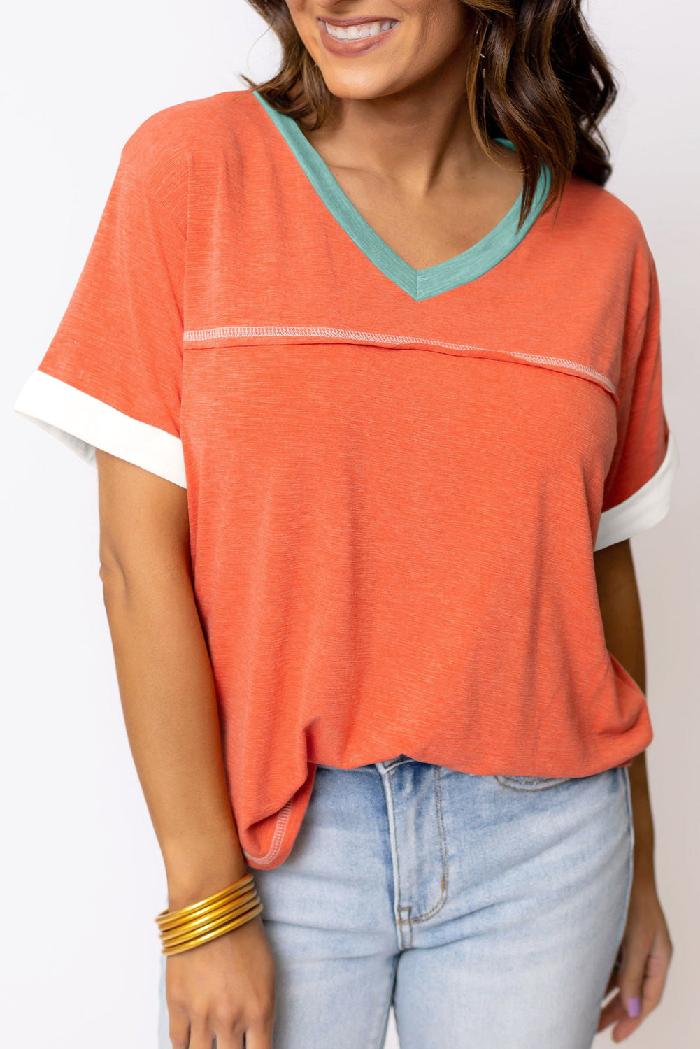 Grapefruit Orange Contrast Trim Exposed Seam V Neck T-shirt - Ballimart