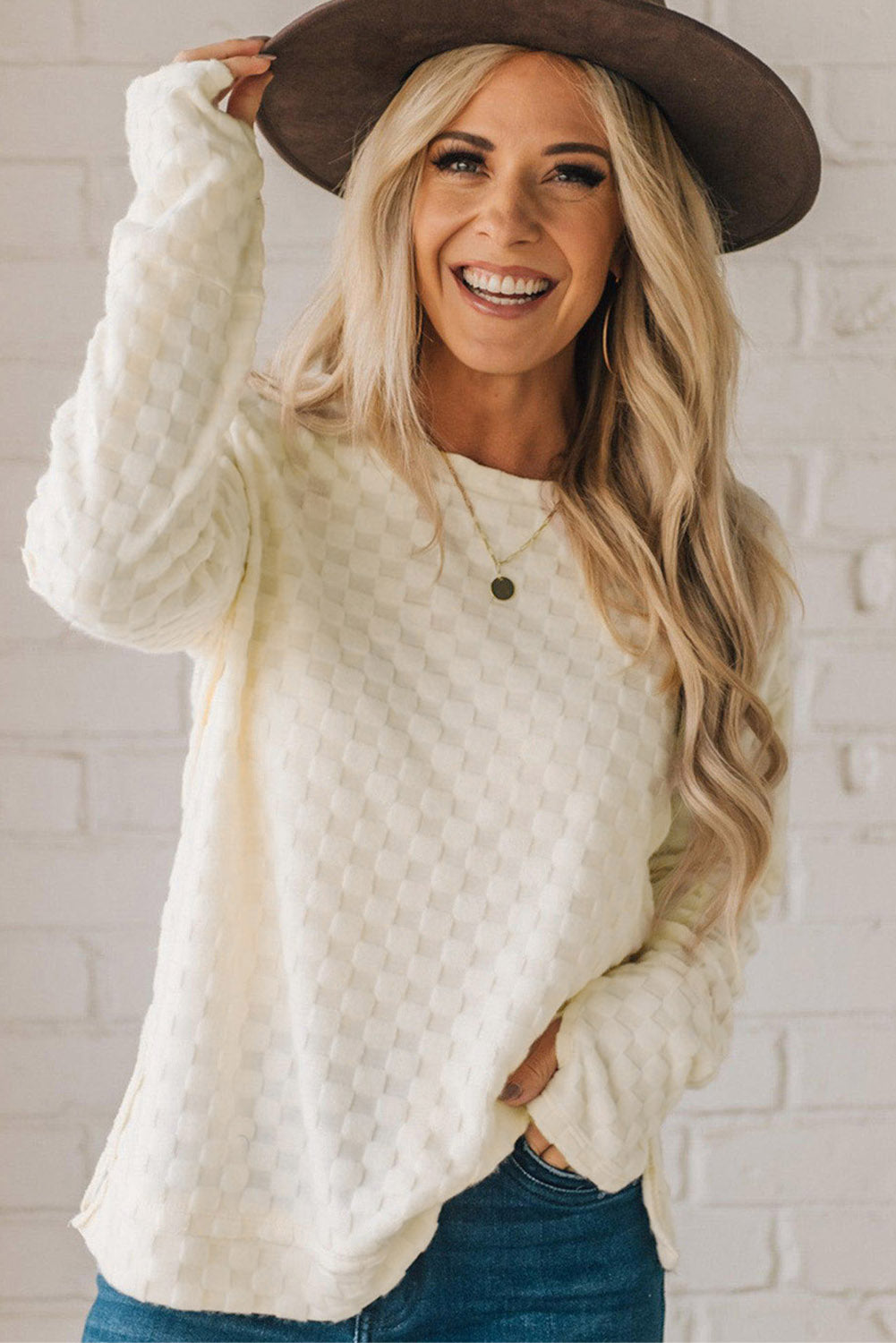 Beige Solid Textured Thumbhole Sleeve Top - Ballimart
