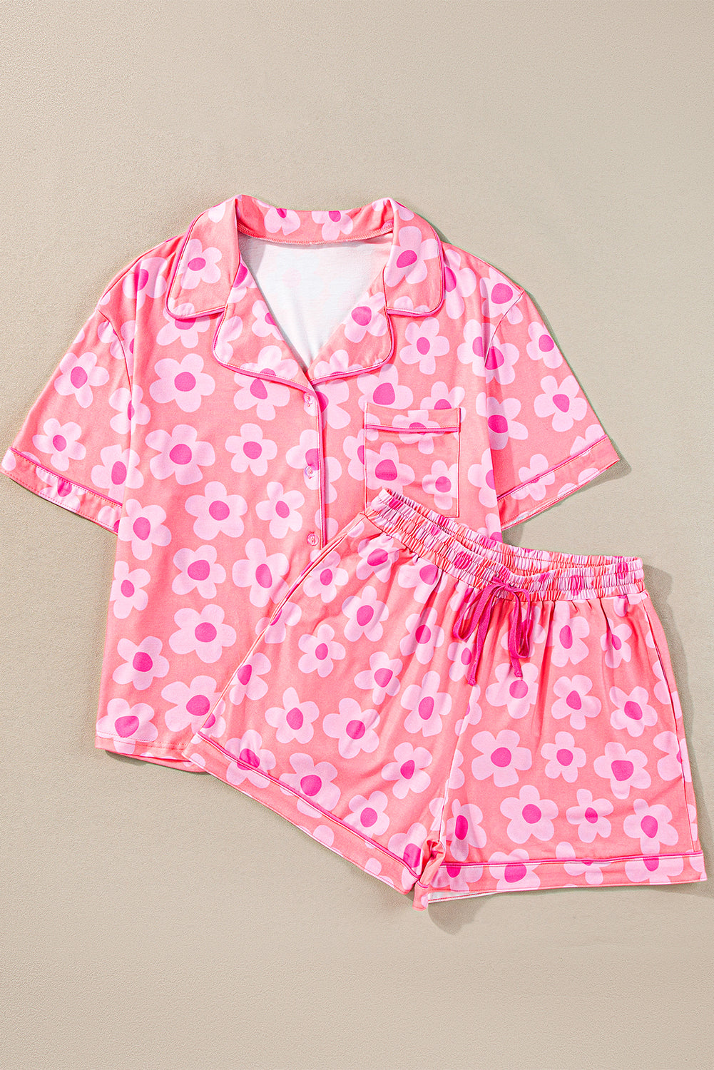 Pink Flower Print Short Sleeve Shirt Pajamas Set - Ballimart