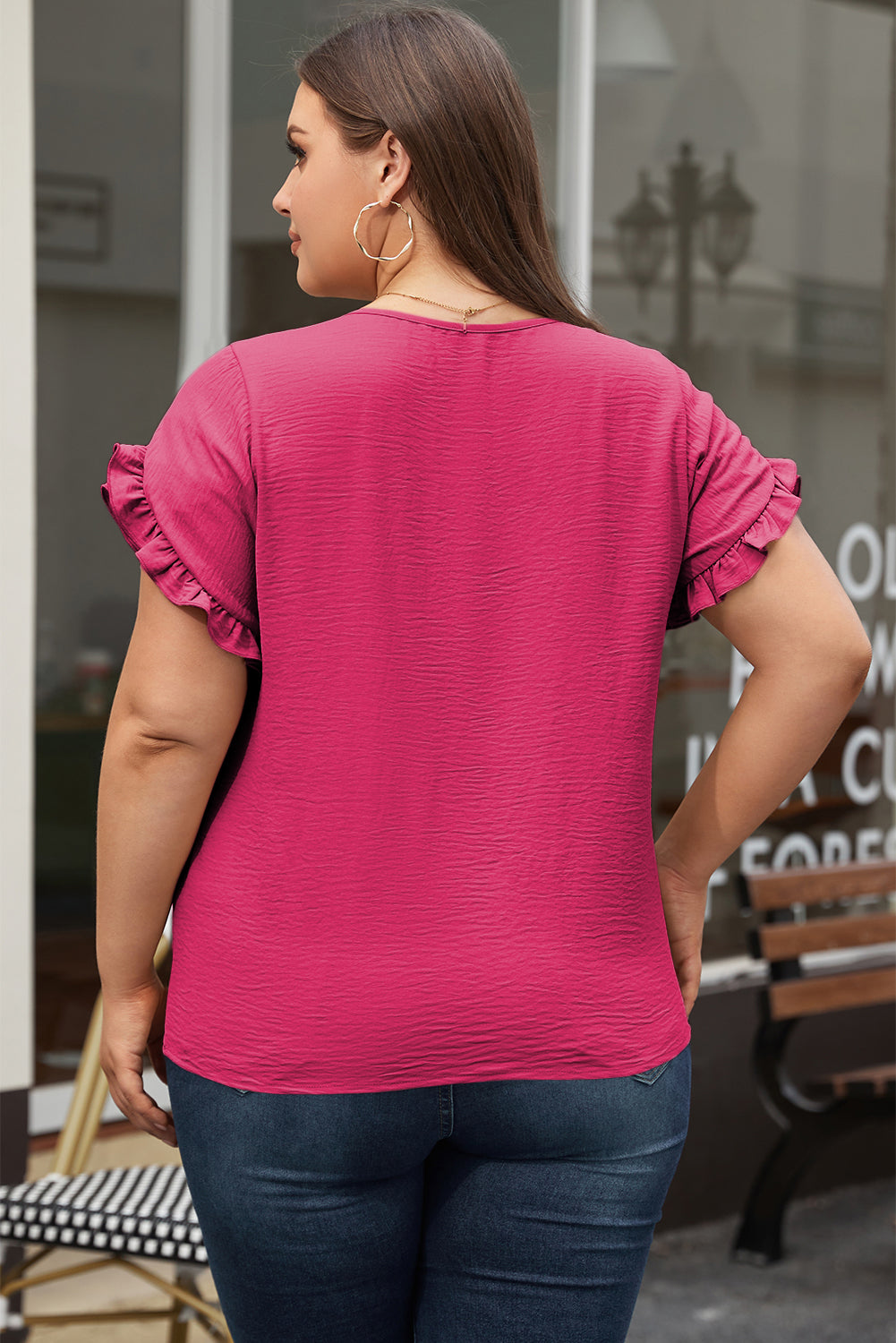 Bright Pink Ruffled Short Sleeve Plus Size Top - Ballimart