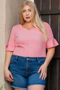Peach Blossom Ruffled Half Sleeve V Neck Textured Plus Top - Ballimart