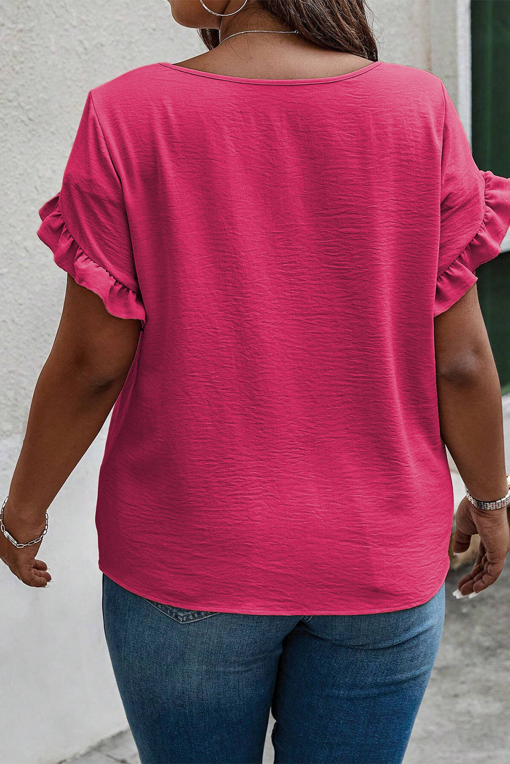 Bright Pink Ruffled Short Sleeve Plus Size Top - Ballimart