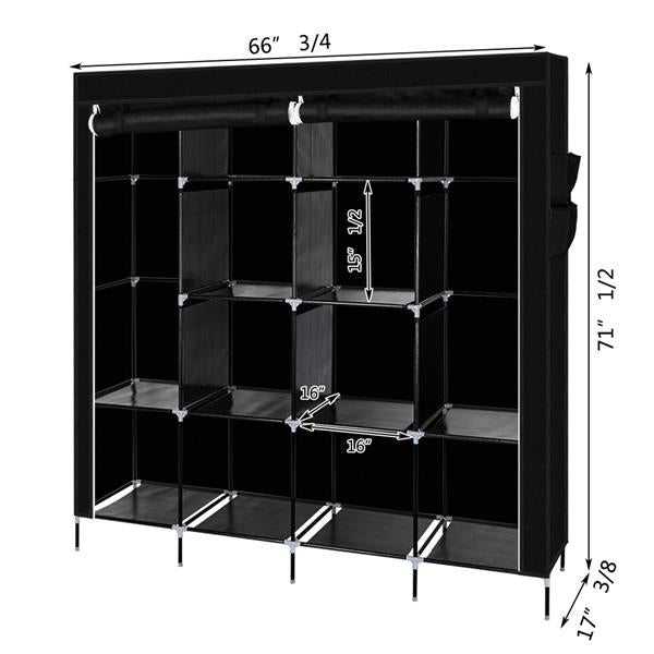 67" Clothes Closet Portable Wardrobe Clothes Storage Rack 12 Shelves 4 Side Pockets Black - Ballimart