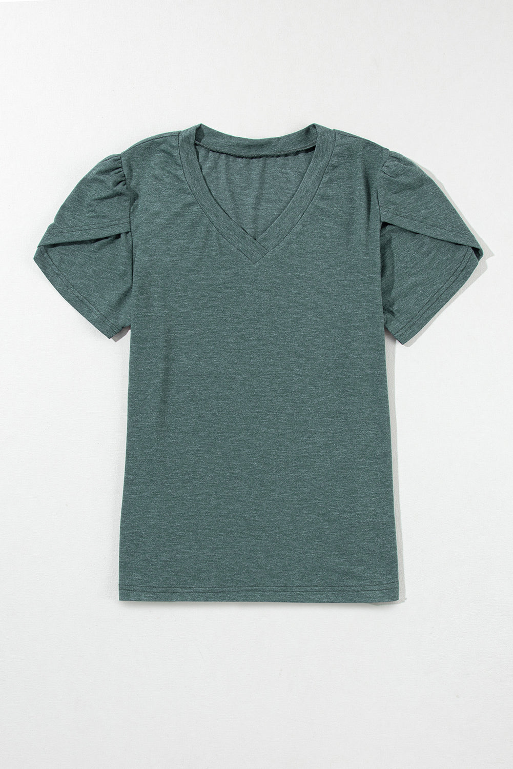 Mist Green Fashion Petal Sleeve V Neck T Shirt - Ballimart