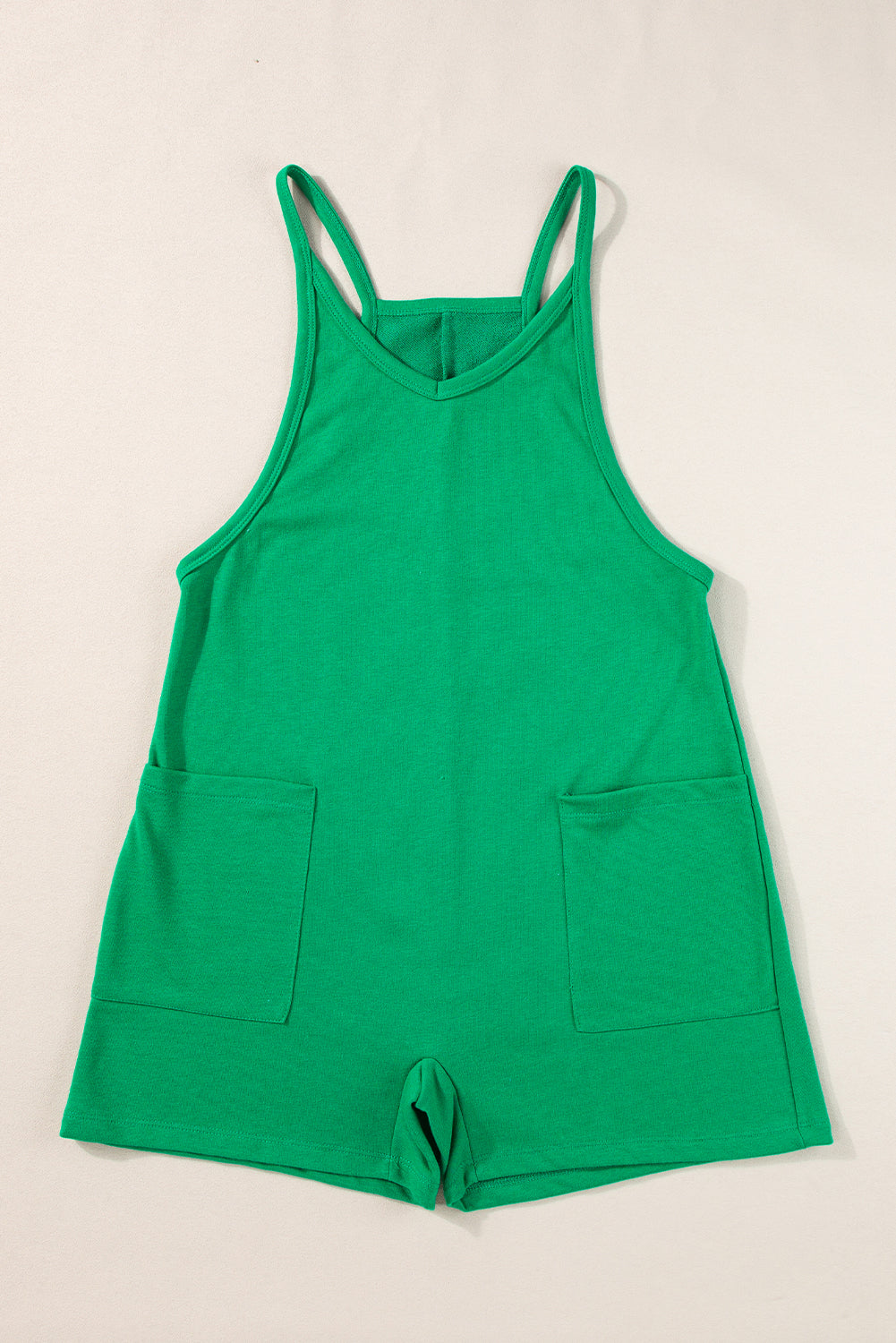 Bright Green Sleeveless Pocketed V Neck Jersey Romper - Ballimart