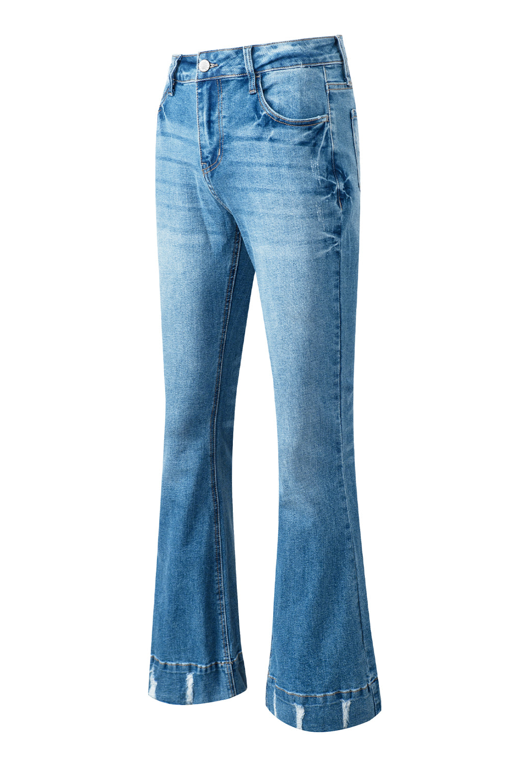 Sky Blue Slight Distressed Medium Wash Flare Jeans - Ballimart