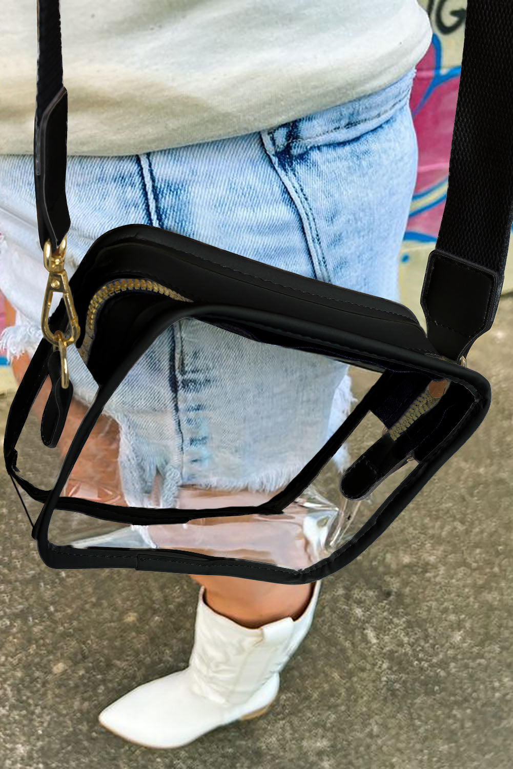 Black Clear PVC Leather Strap Crossbody Bag - Ballimart