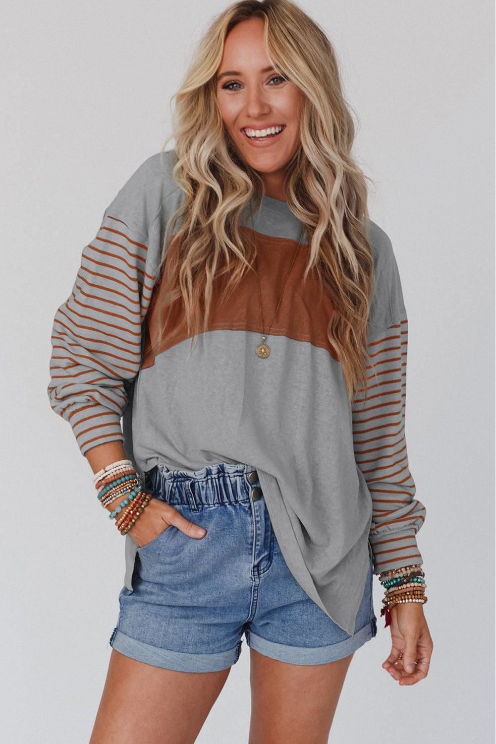 Gray Colorblock Striped Bishop Sleeve Top - Ballimart