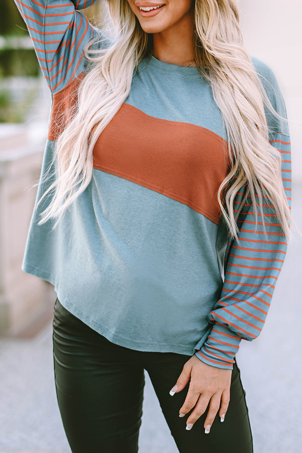 Green Colorblock Striped Bishop Sleeve Top - Ballimart