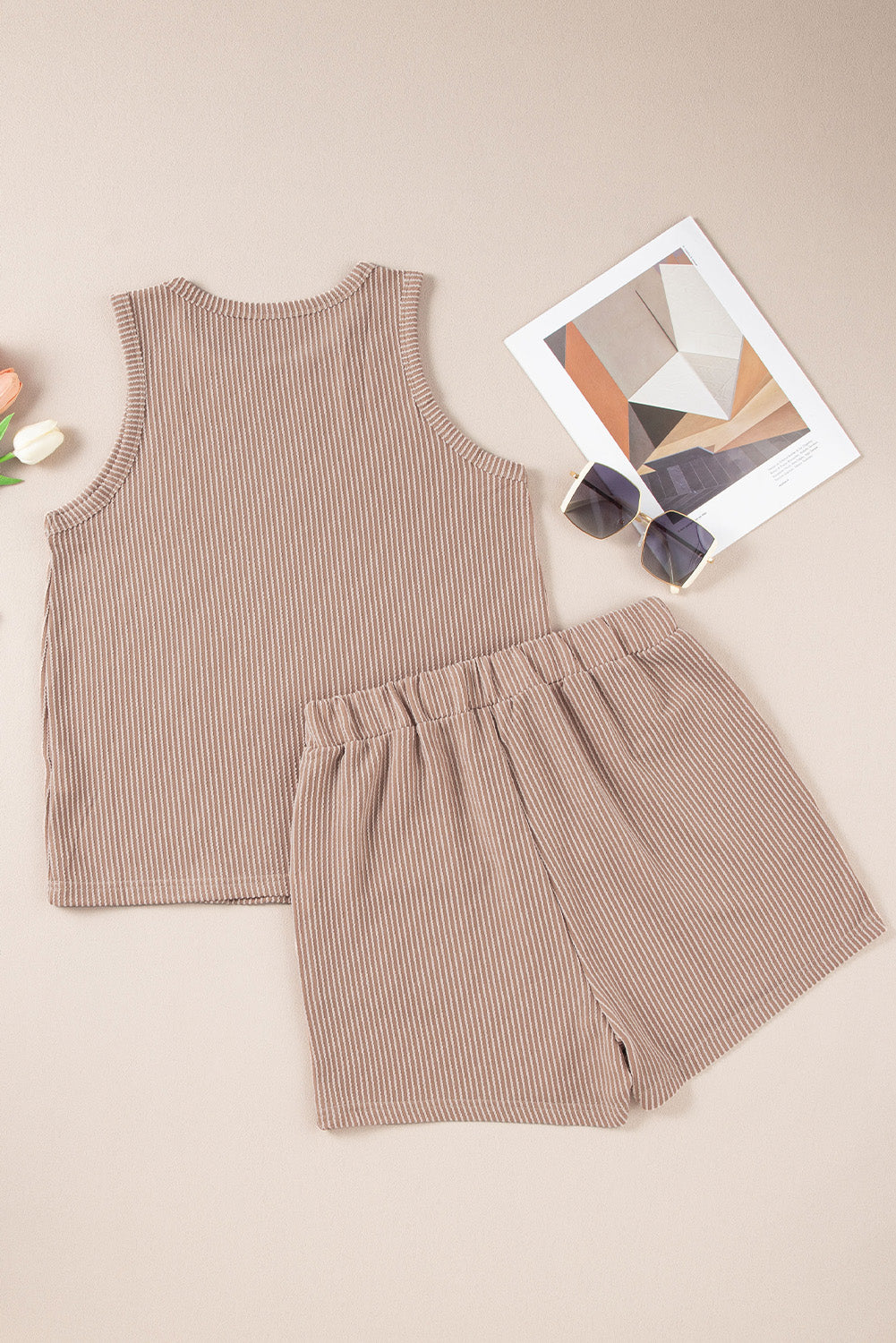 Smoke Gray Corded Sleeveless Top and Pocketed Shorts Set - Ballimart