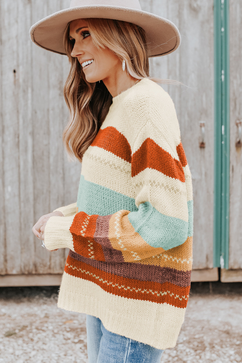 Crew Neck Drop-shoulder Striped Color Block Sweater - Ballimart